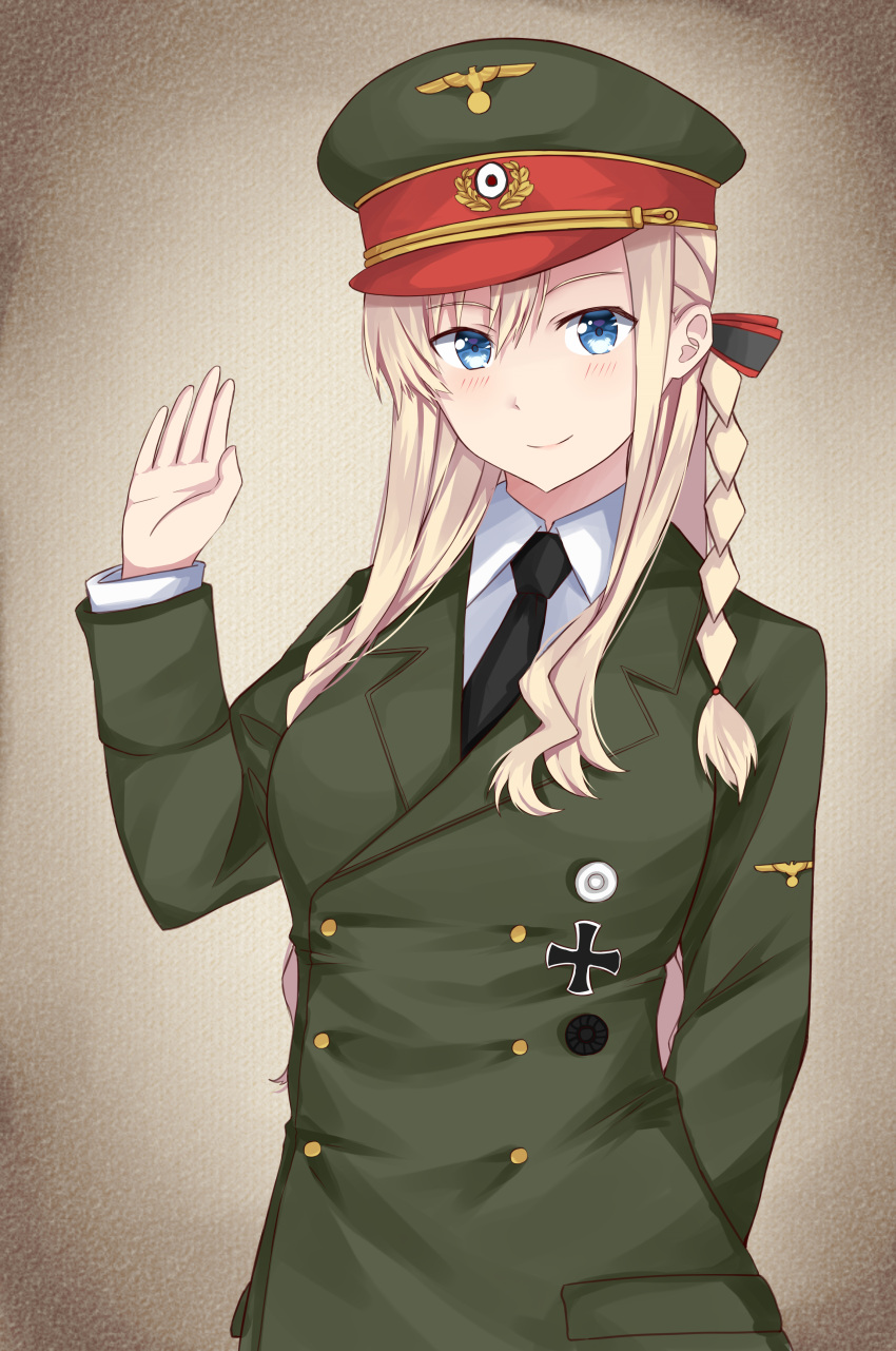 1girl, absurdres, adolf_hitler, adolf_hitler_(cosplay), arm_behind_back, bangs, black_necktie, blonde_hair