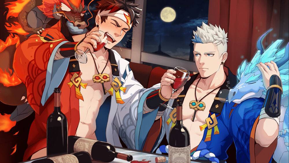 2boys, abs, alcohol, angry, bandages, bare_pectorals, black_hair, blue_hair