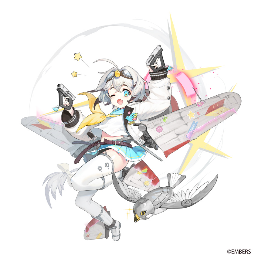 1girl, ahoge, ash_arms, blue_eyes, bomber_jacket, boots, collarbone, commentary_request, dual_wielding, full_body, goggles, goggles_on_head, gun, handgun, hayabusa_(ash_arms), highres, holding, jacket, leg_up, long_sleeves, looking_at_viewer, medium_hair, midriff, navel, official_art, one_eye_closed, pistol, rigging, robot_animal, silver_hair, simple_background, solo, soyoong_jun, thigh-highs, weapon, white_background, white_legwear