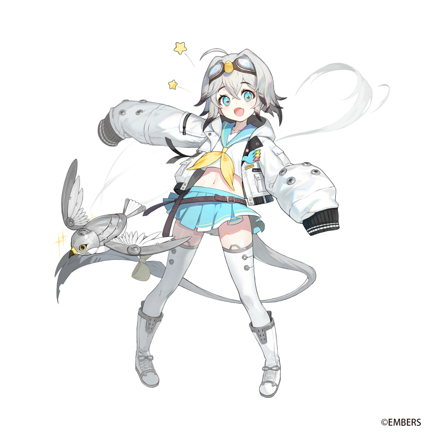 1girl, ahoge, ash_arms, blue_eyes, bomber_jacket, boots, collarbone, commentary_request, full_body, goggles, goggles_on_head, hayabusa_(ash_arms), highres, jacket, long_sleeves, looking_at_viewer, medium_hair, midriff, navel, official_art, robot_animal, silver_hair, simple_background, solo, soyoong_jun, thigh-highs, white_background, white_legwear