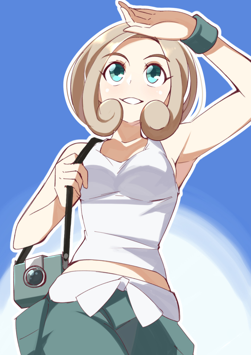 1girl, blonde_hair, breasts, camera, green_eyes, highres, long_hair, nozumu