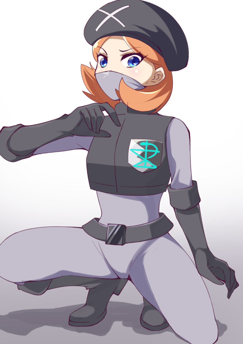 1girl, blue_eyes, full_body, gloves, hat, highres, looking_at_viewer, mask