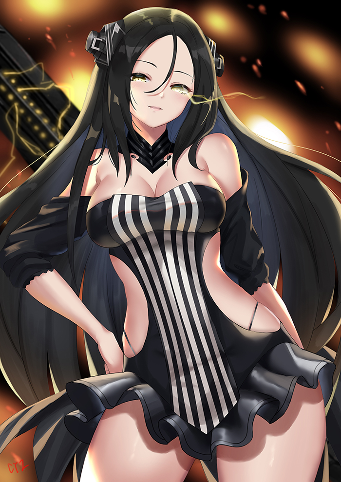 1girl, bare_shoulders, black_dress, black_hair, breasts, cowboy_shot, cyicheng, detached_collar