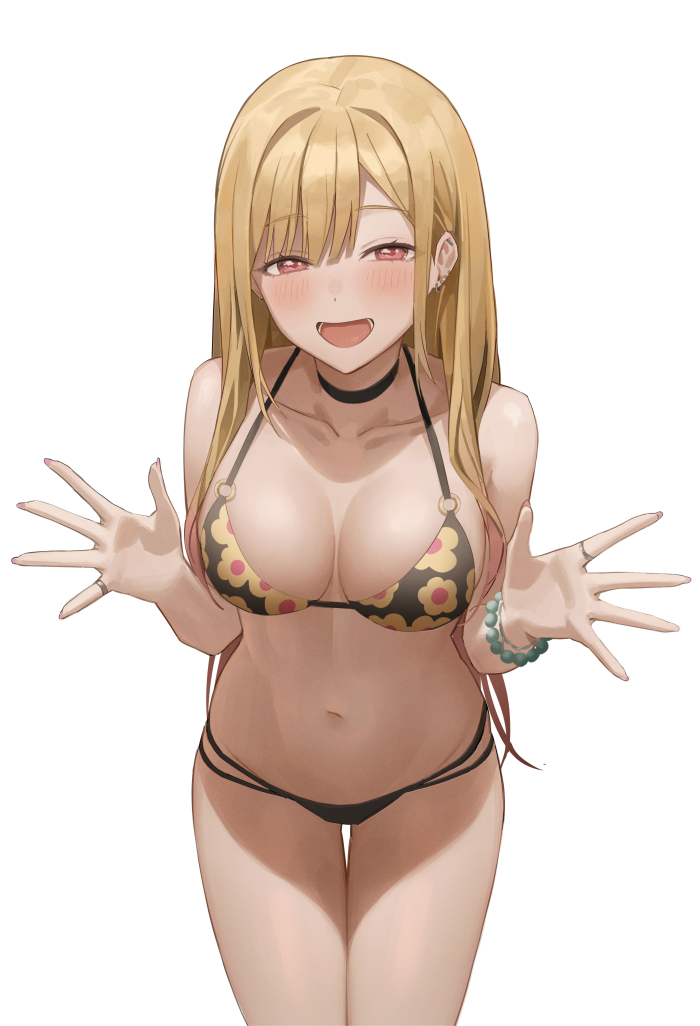 1girl, bangs, banned_artist, barbell_piercing, bead_bracelet, beads, bikini, black_choker, blonde_hair, bracelet, breasts, choker, colored_tips, cowboy_shot, earrings, gradient_hair, hinaki_(hinaki_0102), jewelry, kitagawa_marin, large_breasts, long_hair, multi-strapped_bikini, multicolored_hair, navel, piercing, print_bikini, red_eyes, redhead, solo, sono_bisque_doll_wa_koi_wo_suru, swept_bangs, swimsuit