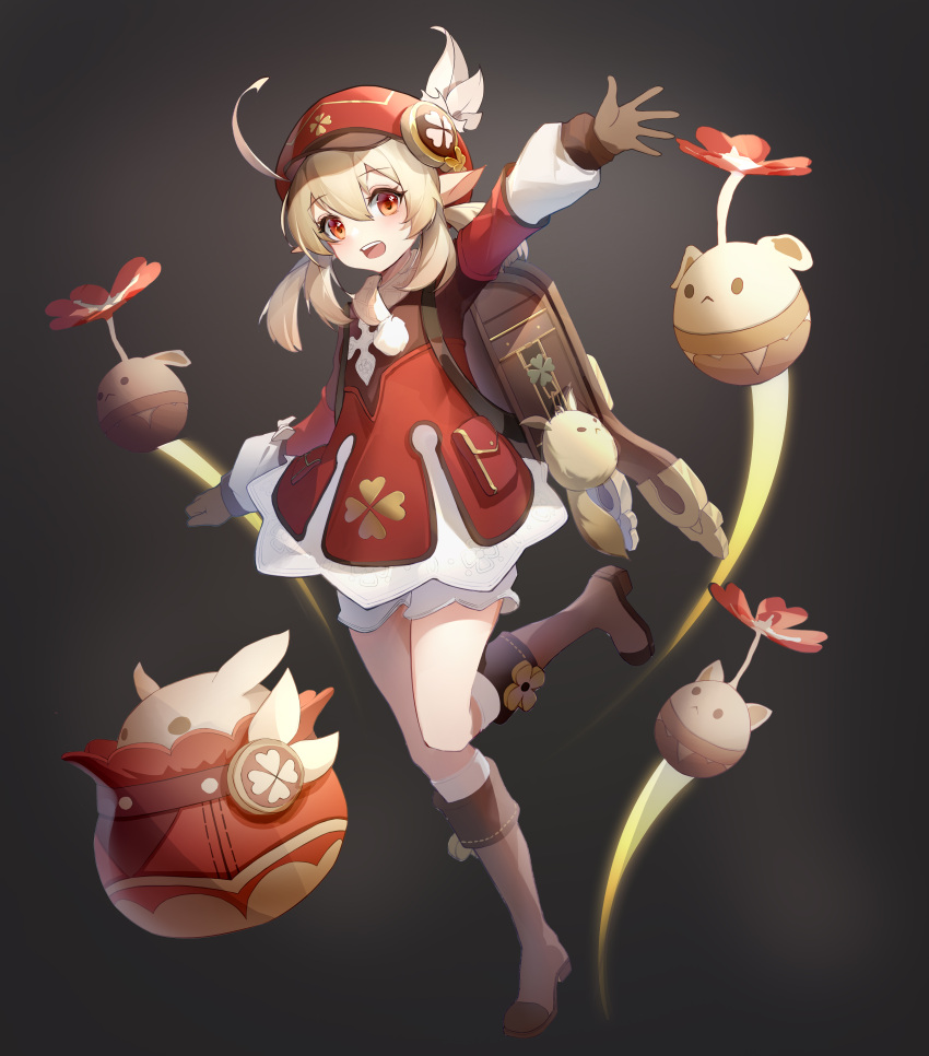 1girl, :d, absurdres, ahoge, arm_up, backpack, bag, bag_charm