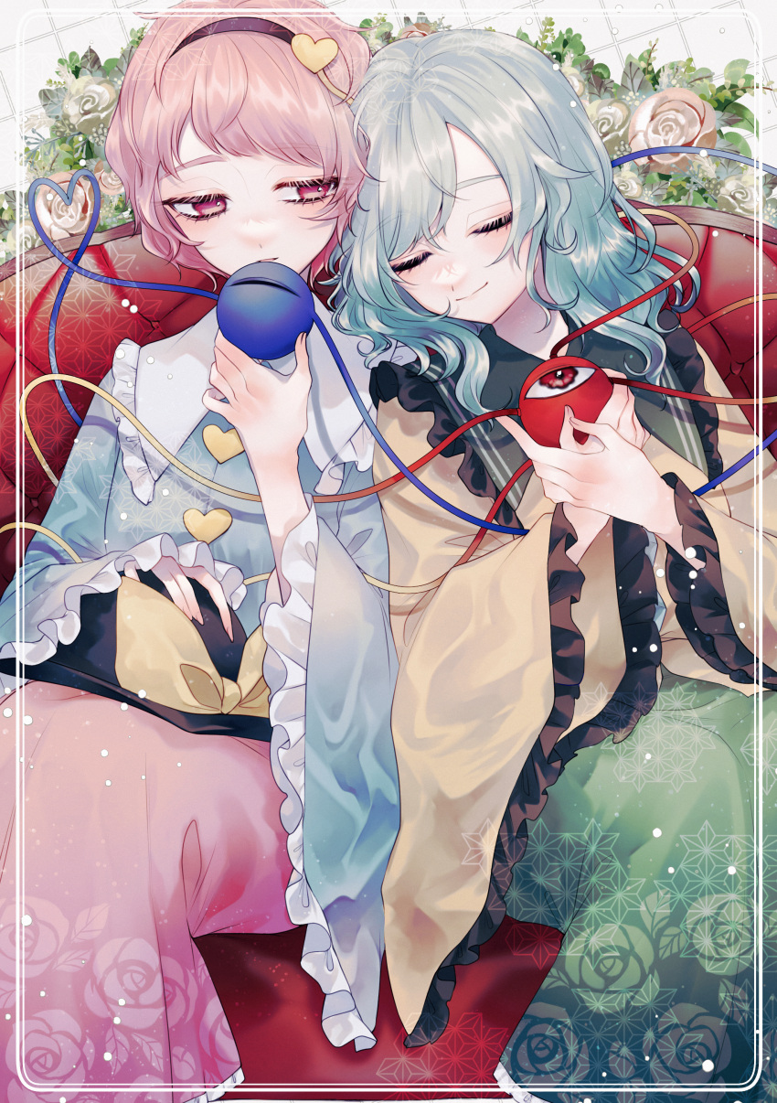 2girls, absurdres, bangs, black_hairband, black_headwear, blouse, blue_blouse, blush