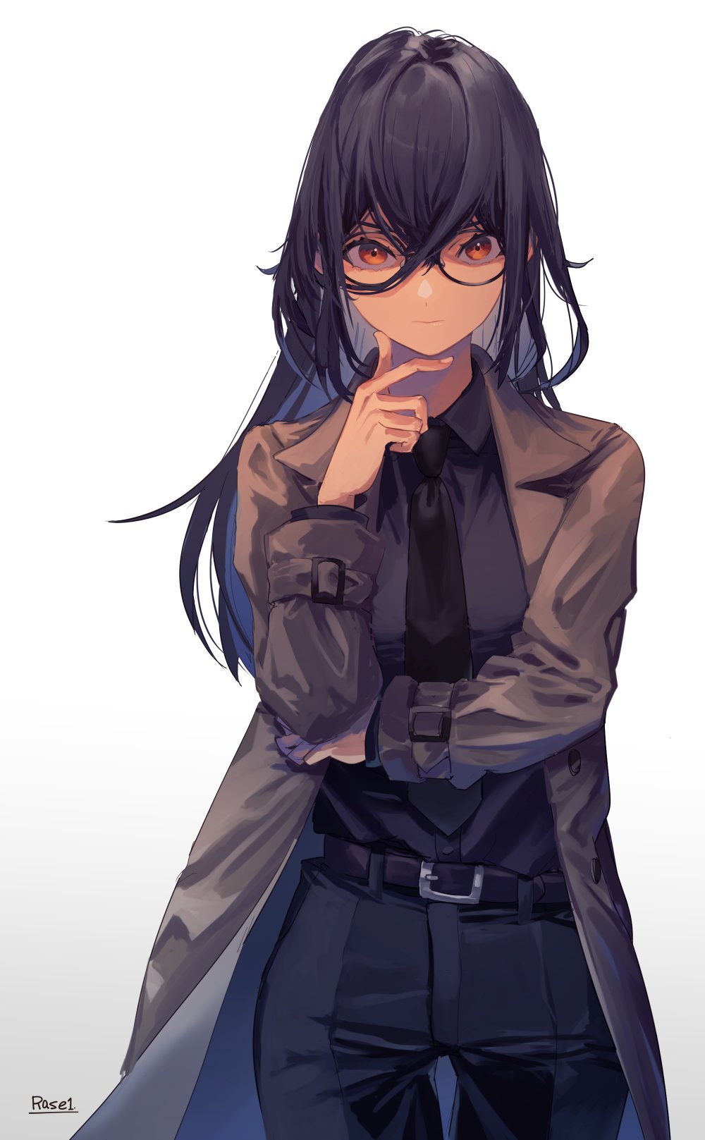 1girl, belt, black-framed_eyewear, black_hair, black_necktie, brown_coat, closed_mouth, coat, commission, fingernails, glasses, gradient, gradient_background, hair_between_eyes, highres, long_hair, looking_at_viewer, necktie, orange_eyes, original, rasetsu001, round_eyewear, shirt_tucked_in, signature, skeb_commission, solo