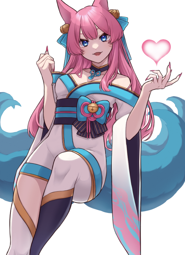 1girl, 7mb_yut, ahri_(league_of_legends), animal_ears, bell, breasts, commentary, eyebrows_visible_through_hair