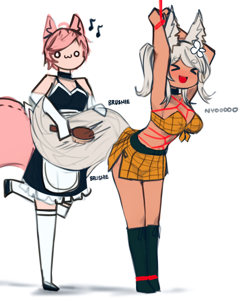 >_<, 2girls, :d, animal_ear_fluff, animal_ears, arms_up, bdsm, black_choker, bondage, bound, bound_wrists, breasts, brush, chibi, choker, commentary, dark-skinned_female, dark_skin, ehrrr, english_commentary, flower, fox_ears, fox_girl, fox_tail, hair_flower, hair_ornament, highres, leaning_forward, maid, medium_breasts, medium_hair, multiple_girls, musical_note, open_mouth, original, pink_hair, restrained, shibari, short_hair, simple_background, sketch, smile, tail, tail_brushing, white_background, white_hair, xd