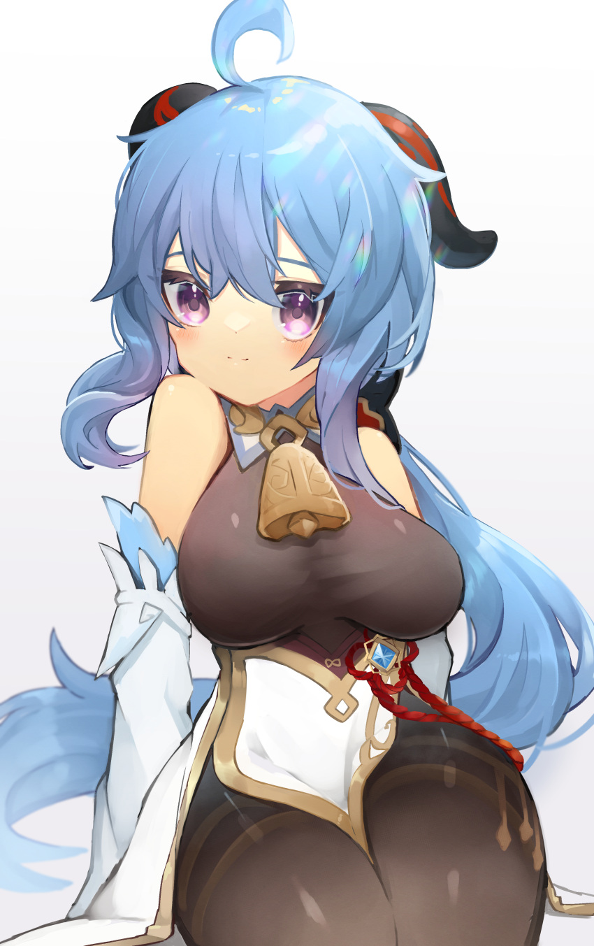 1girl, absurdres, ahoge, bangs, bare_shoulders, bell, black_legwear, blue_hair