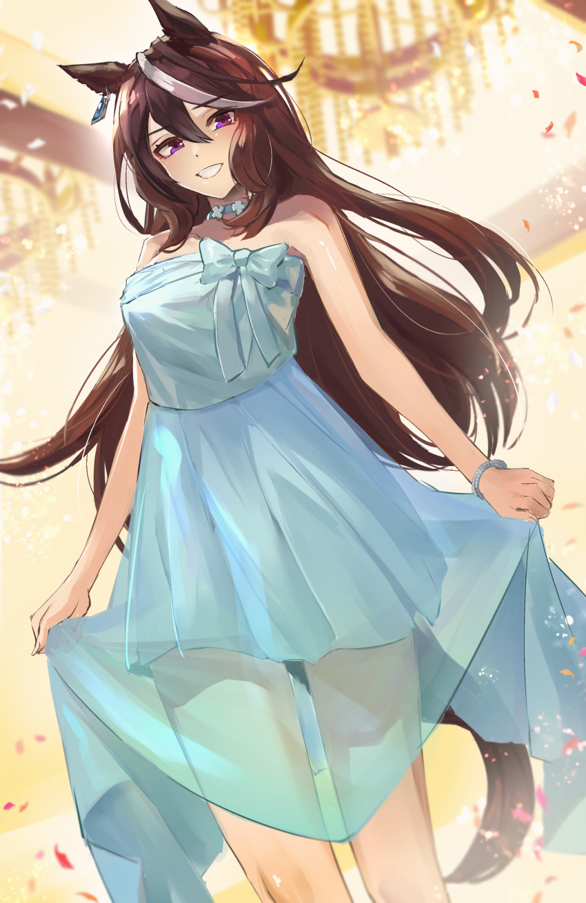 1girl, absurdres, animal_ears, bangs, bare_shoulders, blue_dress, bracelet, brown_hair, chandelier, choker, confetti, dress, earrings, feet_out_of_frame, grin, hair_between_eyes, highres, horse_ears, horse_girl, horse_tail, indoors, jewelry, kansya, layered_dress, looking_at_viewer, multicolored_hair, open_mouth, single_earring, skirt_hold, smile, solo, standing, strapless, strapless_dress, streaked_hair, symboli_rudolf_(umamusume), tail, teeth, umamusume, violet_eyes
