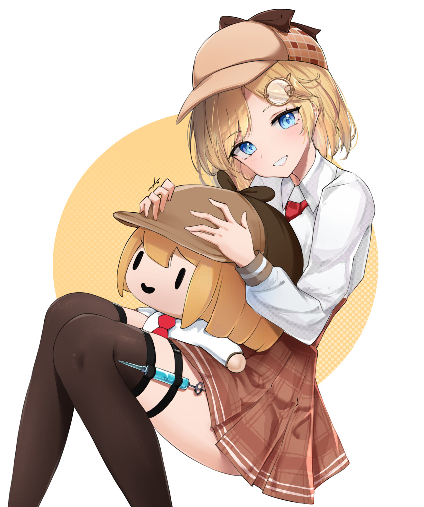 1girl, absurdres, bangs, black_legwear, blonde_hair, blue_eyes, brown_skirt, english_commentary