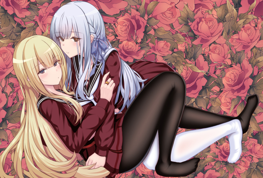 2girls, all_fours, arm_support, assault_lily, belt, black_sailor_collar, blonde_hair, blue_ribbon