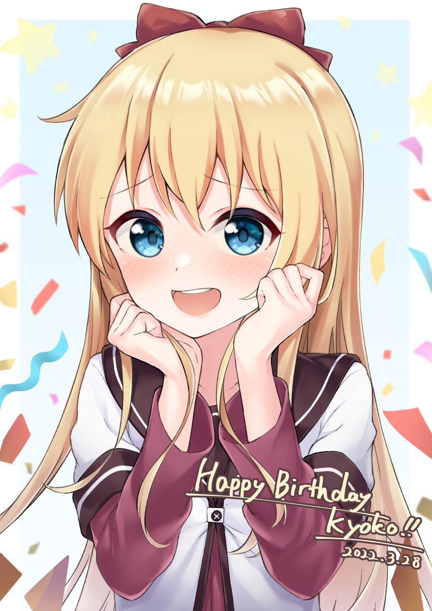 1girl, blonde_hair, blue_eyes, bow, english_text, hair_bow, happy_birthday, highres