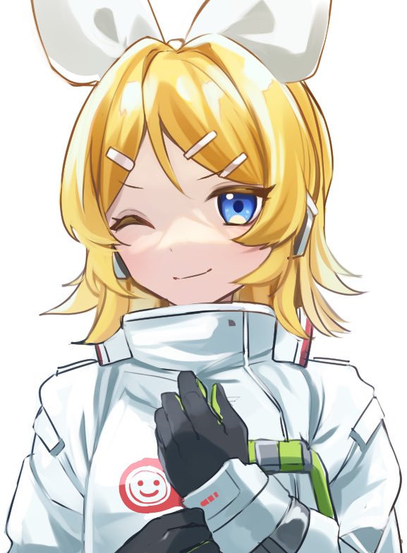 1girl, bangs, black_gloves, blonde_hair, blue_eyes, bow, commentary, cosplay, gloves, goodsmile_racing, hair_bow, hair_ornament, hairclip, hand_on_own_chest, headphones, jacket, kagamine_rin, looking_at_viewer, one_eye_closed, portrait, racing_miku, racing_miku_(cosplay), smile, smiley_face, solo, soramame_pikuto, swept_bangs, vocaloid, white_background, white_bow, white_jacket