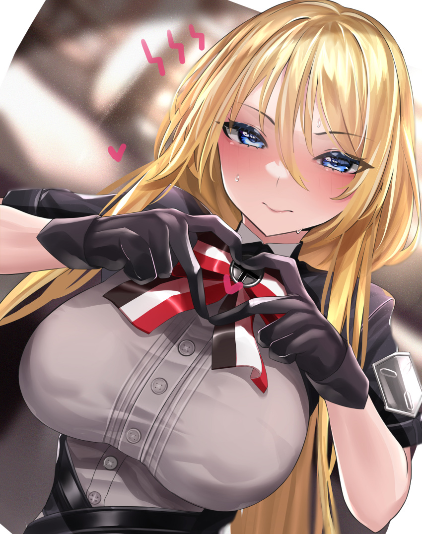 1girl, azur_lane, bismarck_(azur_lane), bismarck_(iron_black_elysium)_(azur_lane), black_gloves, blonde_hair, blue_eyes, blurry, blurry_background, blush, breasts, commentary_request, dutch_angle, eyebrows_visible_through_hair, gloves, grey_shirt, hair_between_eyes, heart, heart_hands, highres, keishi_surota, large_breasts, long_hair, looking_at_viewer, official_alternate_costume, shirt, short_sleeves, sweat, upper_body
