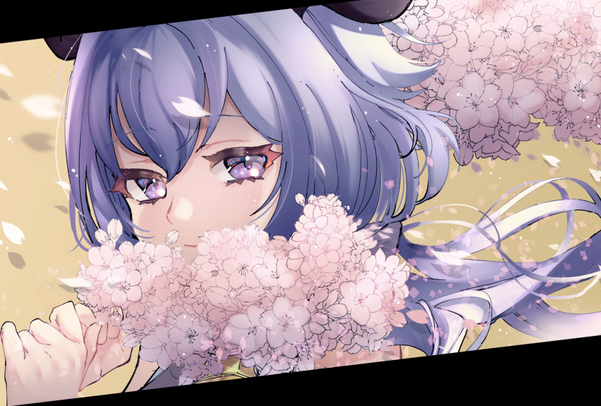1girl, ahoge, bangs, blue_hair, eyebrows_visible_through_hair, face, flower, ganyu_(genshin_impact)