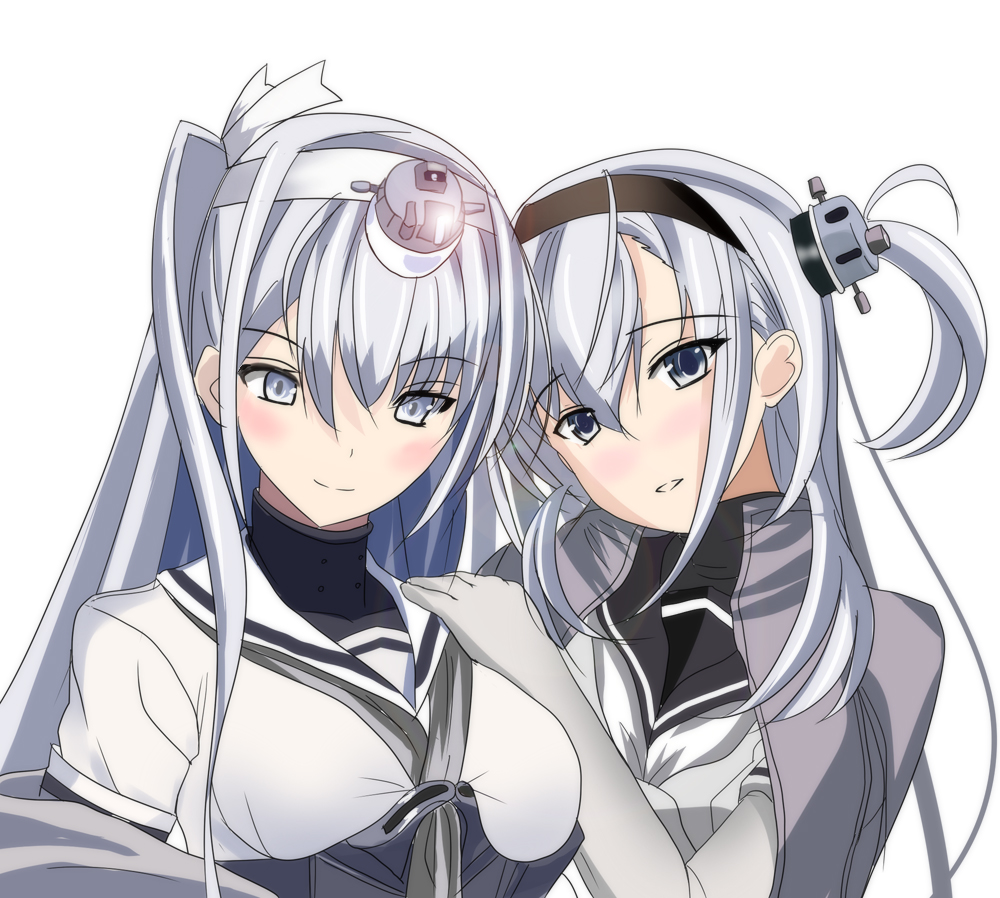 2girls, black_headband, black_sailor_collar, bodysuit, fuyutsuki_(kancolle), grey_bodysuit, grey_eyes, grey_jacket