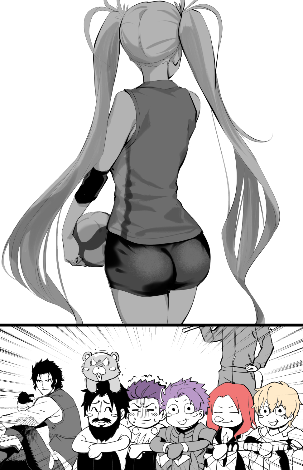 1girl, 6+boys, armor, ass, back, ball, bare_shoulders, beard, blonde_hair, blush_stickers, bradamante_(fate), braid, breasts, chiron_(fate), closed_eyes, crown_braid, edward_teach_(fate), elbow_pads, facial_hair, fate/apocrypha, fate/grand_order, fate_(series), fergus_mac_roich_(fate), gawain_(fate), greyscale, highres, hijikata_toshizou_(fate), hirunagi, holding, holding_ball, koha-ace, lancelot_(fate/grand_order), large_breasts, long_hair, monochrome, multiple_boys, nose_bubble, orion_(bear)_(fate), purple_hair, redhead, short_hair, short_shorts, shorts, sitting, smile, sportswear, spot_color, stuffed_animal, stuffed_toy, tank_top, teddy_bear, thighs, trembling, tristan_(fate), twintails, very_long_hair, volleyball, volleyball_uniform