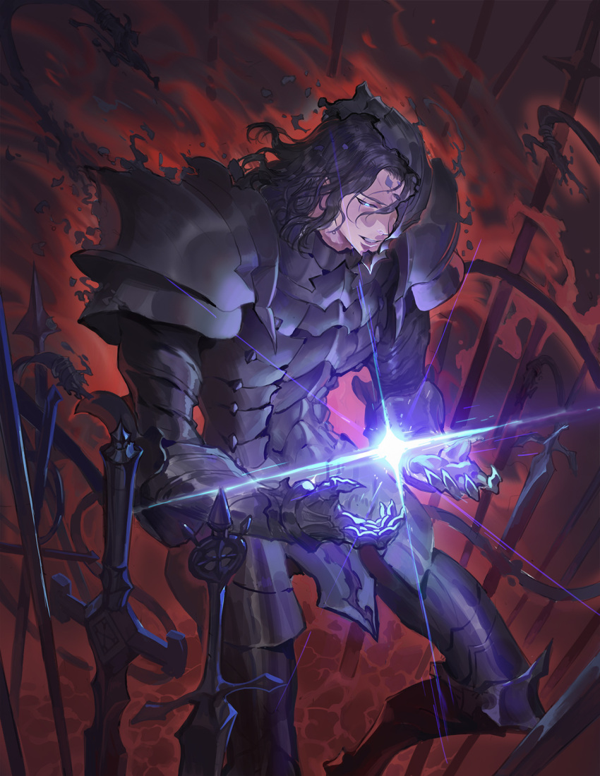 1boy, armor, berserker_(fate/zero), black_armor, blue_eyes, broken_armor, broken_helmet, commentary_request