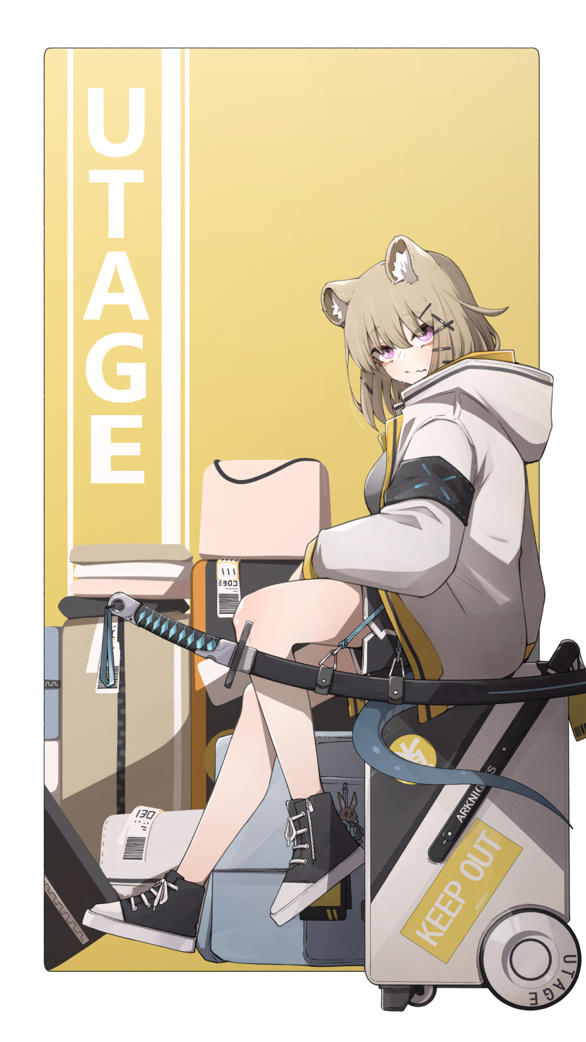 1girl, absurdres, animal_ear_fluff, animal_ears, arknights, bag, bangs, bare_legs