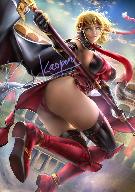 1girl, armpits, ass, blonde_hair, blue_eyes, boots, breasts, cape