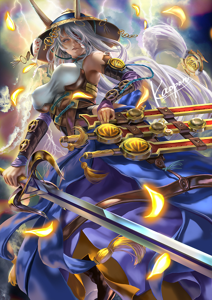 1girl, armor, armpits, bare_shoulders, breasts, commission, duel_monster, fake_horns, hip_vent, holding, holding_sword, holding_weapon, horned_headwear, horns, japanese_armor, jingasa, kaopon, kote, large_breasts, long_hair, looking_at_viewer, low-tied_long_hair, multiple_swords, parted_lips, petals, pink_eyes, sheath, silver_hair, skeb_commission, solo, sword, the_iris_swordsoul, very_long_hair, weapon, yu-gi-oh!
