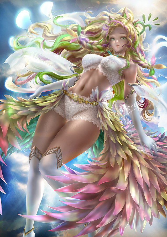 1girl, blonde_hair, braid, breasts, duel_monster, feathers, gloves, green_eyes, green_hair, kaopon, kneehighs, looking_at_viewer, medium_breasts, multicolored_hair, navel, parted_lips, pink_hair, reeshaddoll_wendi, smile, solo, sunlight, twin_braids, wavy_hair, white_gloves, yu-gi-oh!