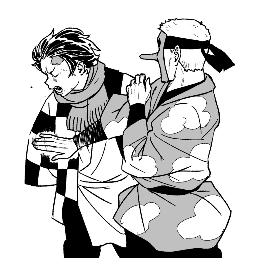 2boys, arm_behind_back, closed_eyes, cowboy_shot, forehead, from_behind, greyscale, hand_up, highres, japanese_clothes, kamado_tanjirou, kimetsu_no_yaiba, kimono, layered_sleeves, long_sleeves, male_focus, mask, meme, monochrome, multiple_boys, onsen_tamago_(hs_egg), open_clothes, open_kimono, open_mouth, pants, scar, scar_on_face, scarf, shiny, shiny_hair, shirt, short_hair, simple_background, sketch, standing, symbol-only_commentary, teeth, tengu_mask, urokodaki_sakonji, white_background, will_smith_slapping_chris_rock_(meme)