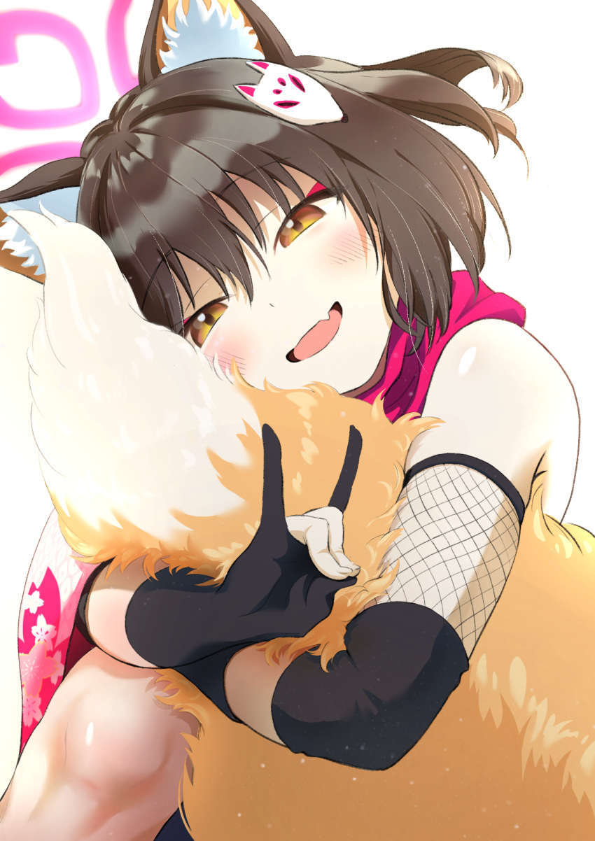 1girl, :d, animal_ear_fluff, animal_ears, asymmetrical_sleeves, bangs, bare_shoulders, blue_archive, blush, brown_hair, eyebrows_visible_through_hair, eyeshadow, fang, fox_ears, fox_girl, fox_hair_ornament, fox_shadow_puppet, fox_tail, gloves, hair_between_eyes, halo, head_tilt, highres, izuna_(blue_archive), makeup, mismatched_sleeves, nadayui, open_mouth, partially_fingerless_gloves, pink_scarf, red_eyeshadow, scarf, shiny, shiny_hair, shiny_skin, short_hair, skin_fang, smile, solo, tail, tail_hug, yellow_eyes