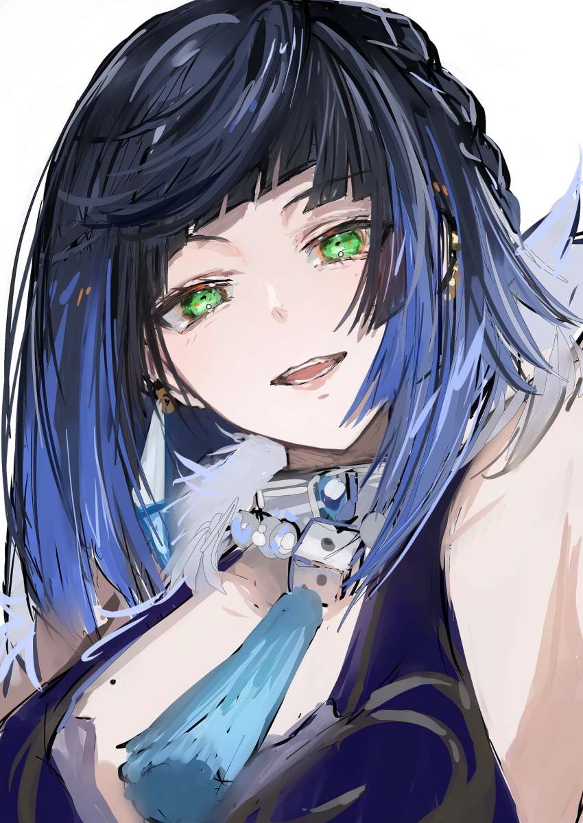 1girl, black_hair, blue_hair, cape, fur-trimmed_cape, fur_trim, genshin_impact, gradient_hair, green_eyes, highres, jewelry, looking_at_viewer, mole, multicolored_hair, nanaponi, necklace, open_mouth, simple_background, smile, solo, tassel, white_background, yelan_(genshin_impact)