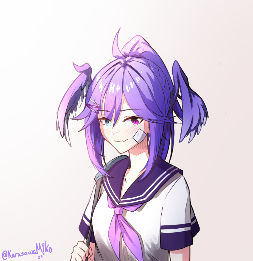1girl, alternate_costume, bag, blue_eyes, blush, eyebrows_visible_through_hair, fang, fang_out