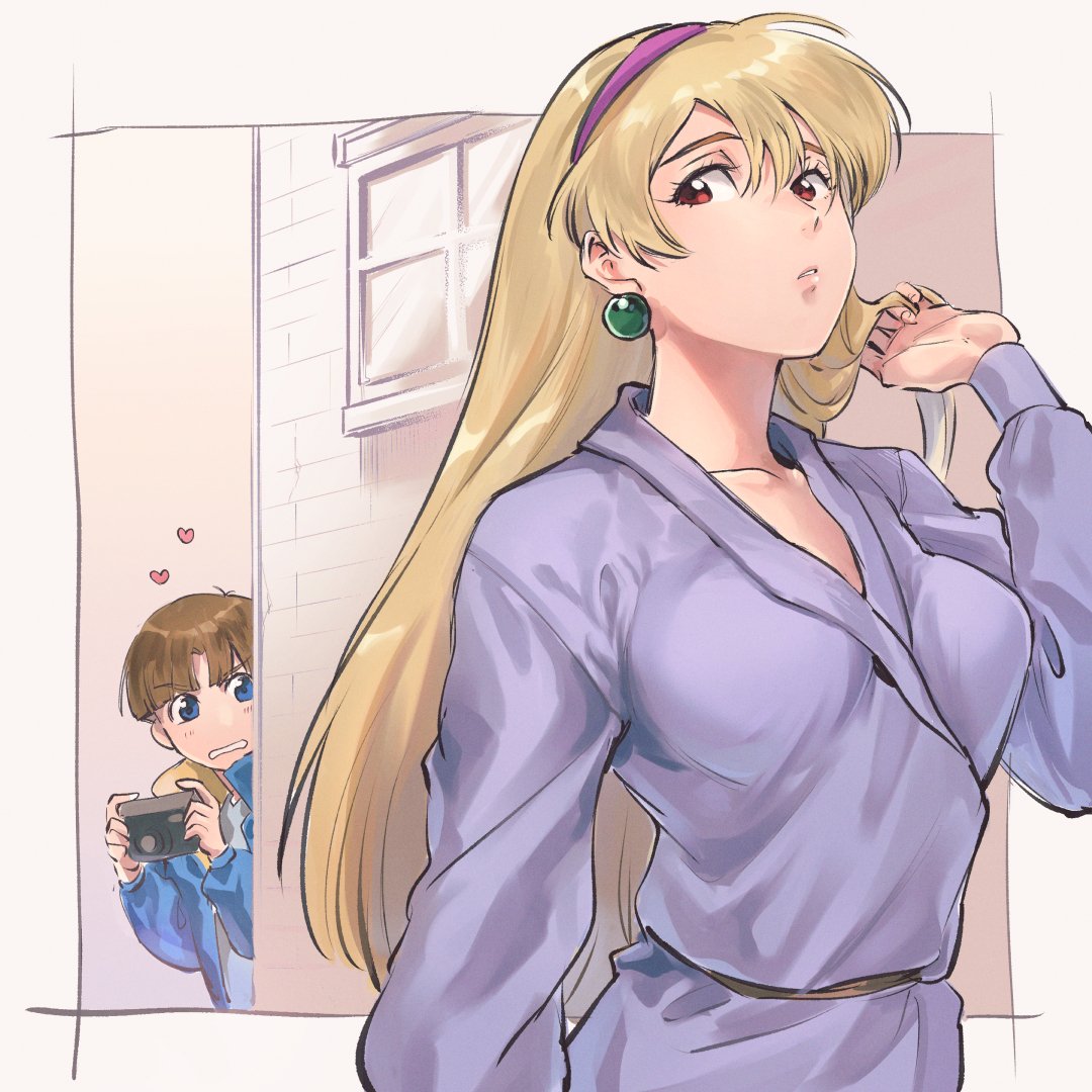1boy, 1girl, blonde_hair, blue_eyes, blue_jacket, breasts, brown_eyes, brown_hair