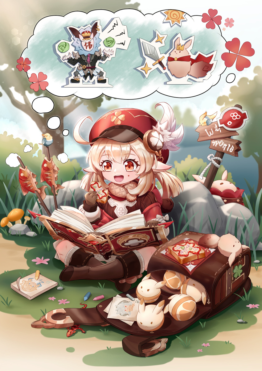 1girl, :d, absurdres, ahoge, backpack, bag, bag_charm, bag_removed, bangs, belt, bloomers, blurry, book, boots, brown_footwear, brown_gloves, brown_scarf, bush, cabbie_hat, cameo, charm_(object), clover, clover_print, coat, commentary_request, crayon, crown, depth_of_field, dodoco_(genshin_impact), eating, eyebrows_visible_through_hair, fish, fish-flavored_toast, flower, food, food_on_face, four-leaf_clover, genshin_impact, gloves, grass, hair_between_eyes, hat, hat_feather, hat_ornament, highres, hilichurl_(genshin_impact), holding, holding_food, hyny, imagining, indian_style, jean_(genshin_impact), jumpy_dumpty, klee_(genshin_impact), knee_boots, kneehighs, light_brown_hair, light_rays, long_hair, long_sleeves, low_twintails, mushroom, necktie, orange_eyes, picture_(object), pointy_ears, randoseru, razor_(genshin_impact), reading, red_coat, red_headwear, rock, scarf, sidelocks, signpost, sitting, skewer, smile, solo, sparkle, sunlight, sword, thought_bubble, tree, twintails, underwear, weapon