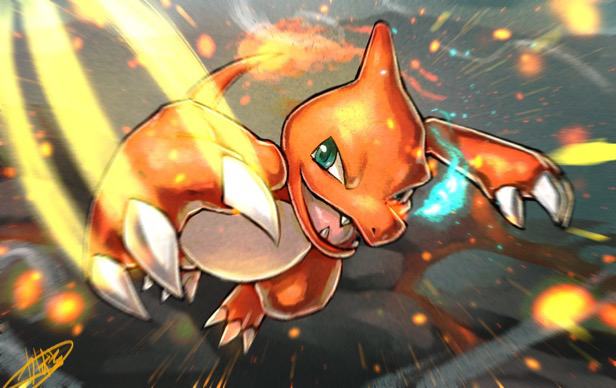 blurry, charmeleon, claws, commentary_request, fangs, fire, green_eyes, incoming_attack