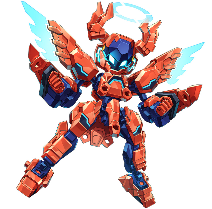 anima_gear, arm_blade, blue_eyes, clay_aude_enforcer, clenched_hands, glowing, glowing_eyes, halo