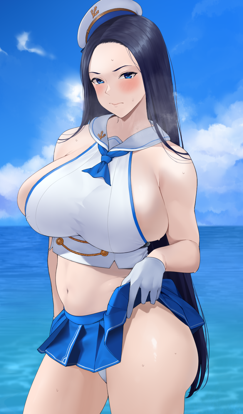 1girl, anchor_symbol, ascot, bangs, belly, black_hair, blue_ascot, blue_eyes