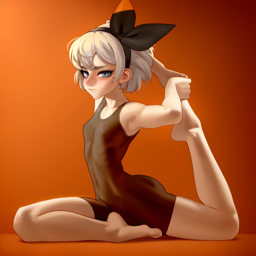 1girl, absurdres, bare_legs, barefoot, bea_(pokemon), black_leotard, blue_eyes, breasts