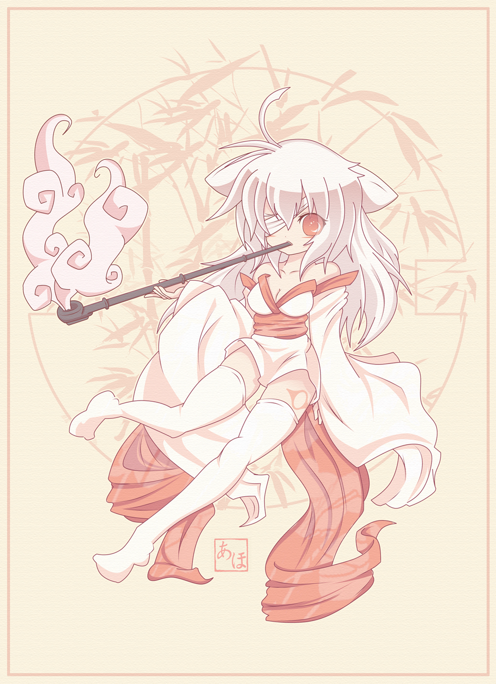 animal_ears, baka-art, cleavage, eyepatch, kimono, moegami, ookami, thigh-highs