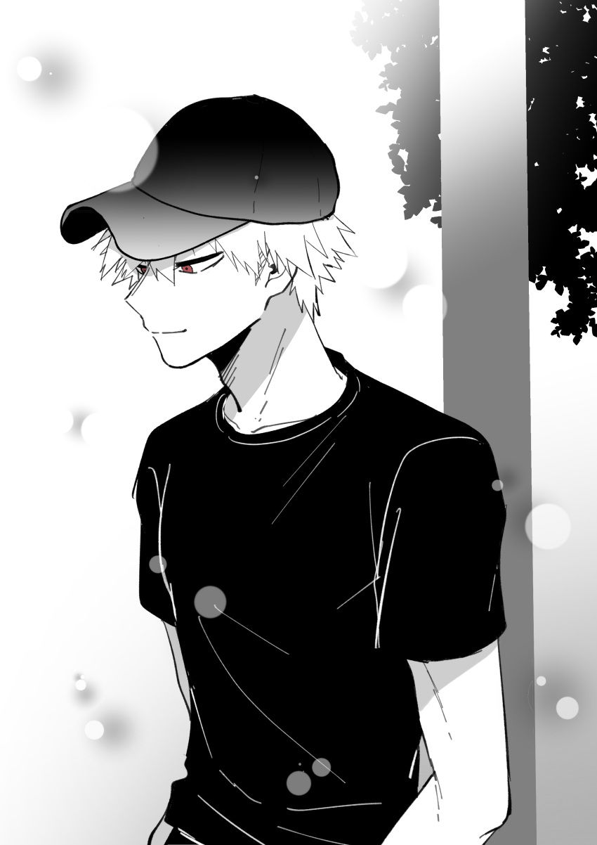 1boy, absurdres, bakugou_katsuki, baseball_cap, black_legwear, boku_no_hero_academia, greyscale, hat