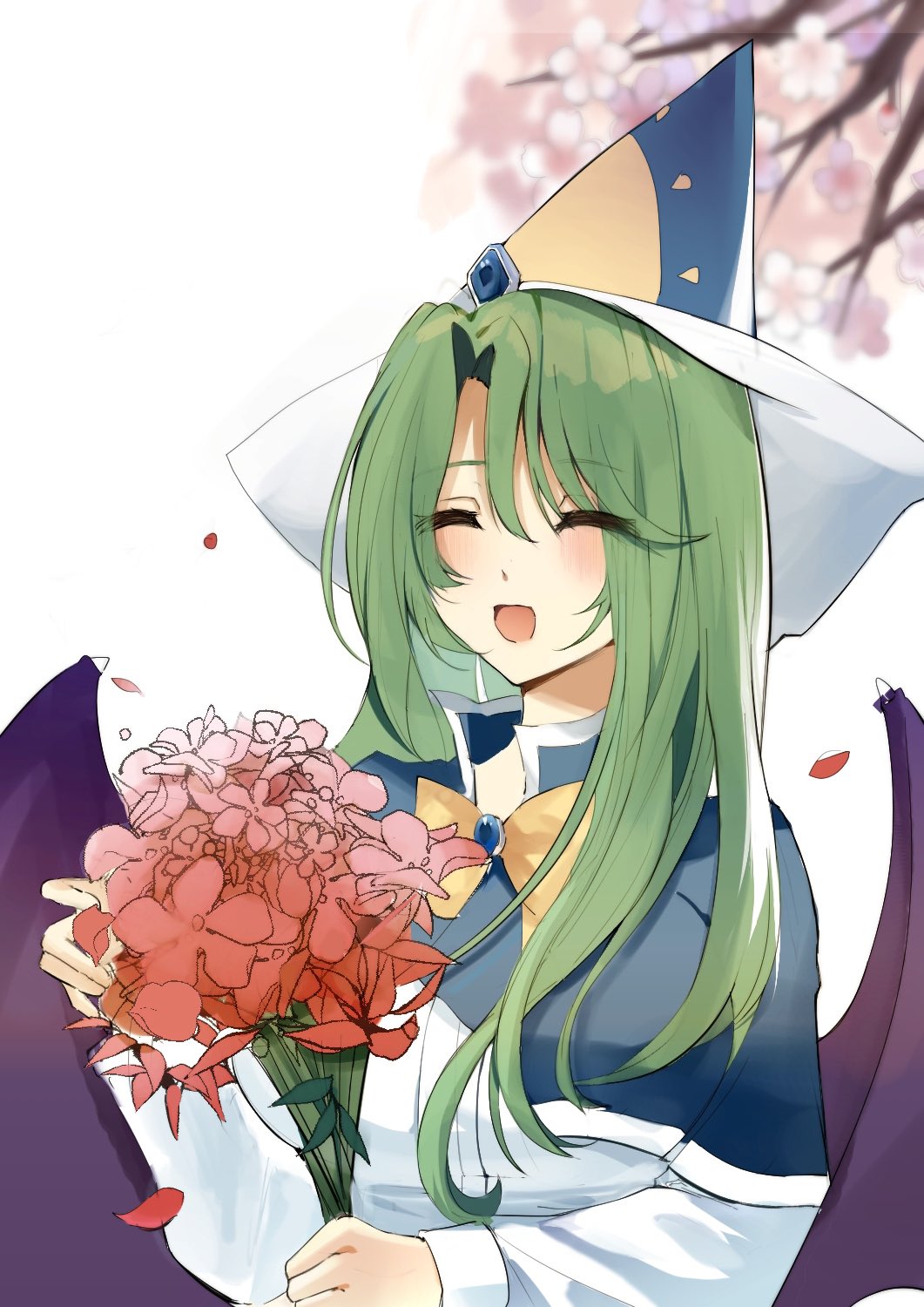 1girl, :d, bangs, bat_wings, blue_capelet, blue_headwear, blush, bouquet
