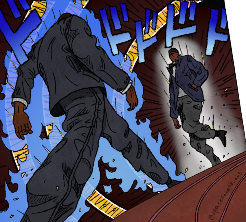 2boys, artist_name, aura, black_legwear, black_pants, blue_pants, bow, bowtie, chris_rock, commentary, dark-skinned_male, dark_skin, emphasis_lines, english_commentary, glowing, hand_in_pocket, instagram_username, jojo_no_kimyou_na_bouken, long_sleeves, looking_at_another, meme, menacing_(jojo), multiple_boys, muscular, muscular_male, oh?_you're_approaching_me?_(meme), pants, real_life, standing, standing_on_one_leg, stardust_crusaders, tuxedo, will_smith