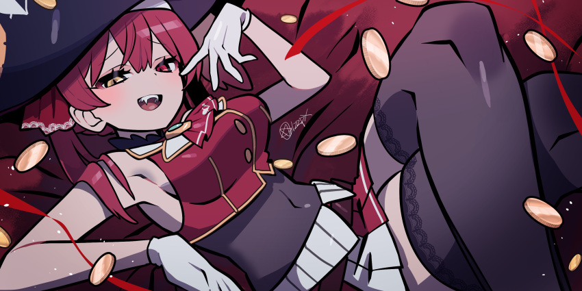 122pxsheol, 1girl, :d, bare_shoulders, black_legwear, breasts, coin, fang