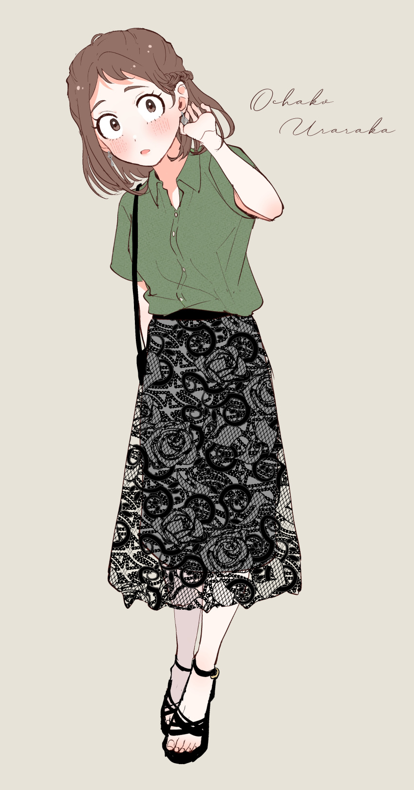 1girl, absurdres, bag, beige_background, black_footwear, black_skirt, blush, boku_no_hero_academia