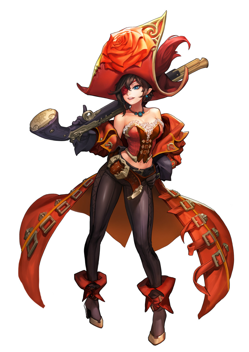 1girl, absurdres, bangs, bare_shoulders, black_pants, blue_eyes, boots, breasts, bustier, ear_piercing, elf, full_body, game_cg, gloves, grin, guardian_tales, gun, hand_on_hip, hat, highres, holding, holding_weapon, jewelry, looking_at_viewer, medium_breasts, navel, necklace, official_art, pants, piercing, pirate_hat, pirate_rachel, pointy_ears, sleeveless, smile, standing, swept_bangs, transparent_background, weapon