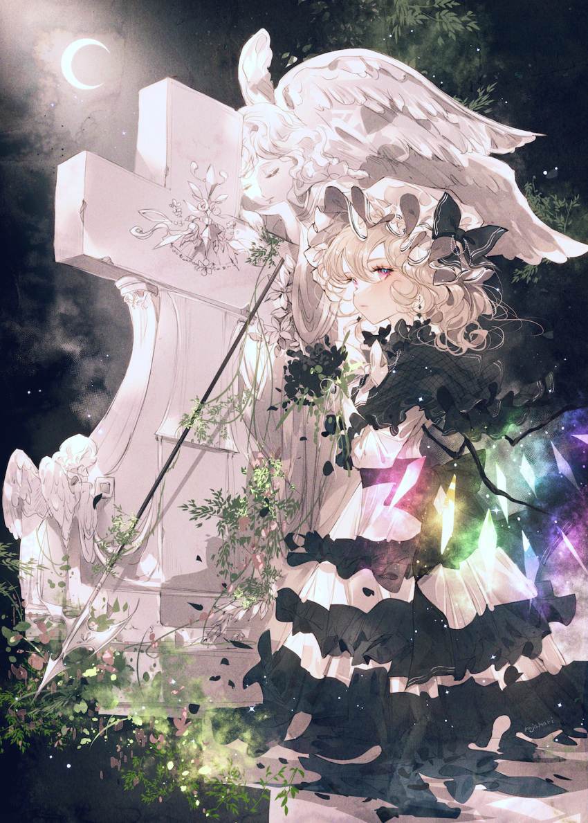 1girl, :/, alternate_costume, angel, blonde_hair, crescent_moon, crystal, dress