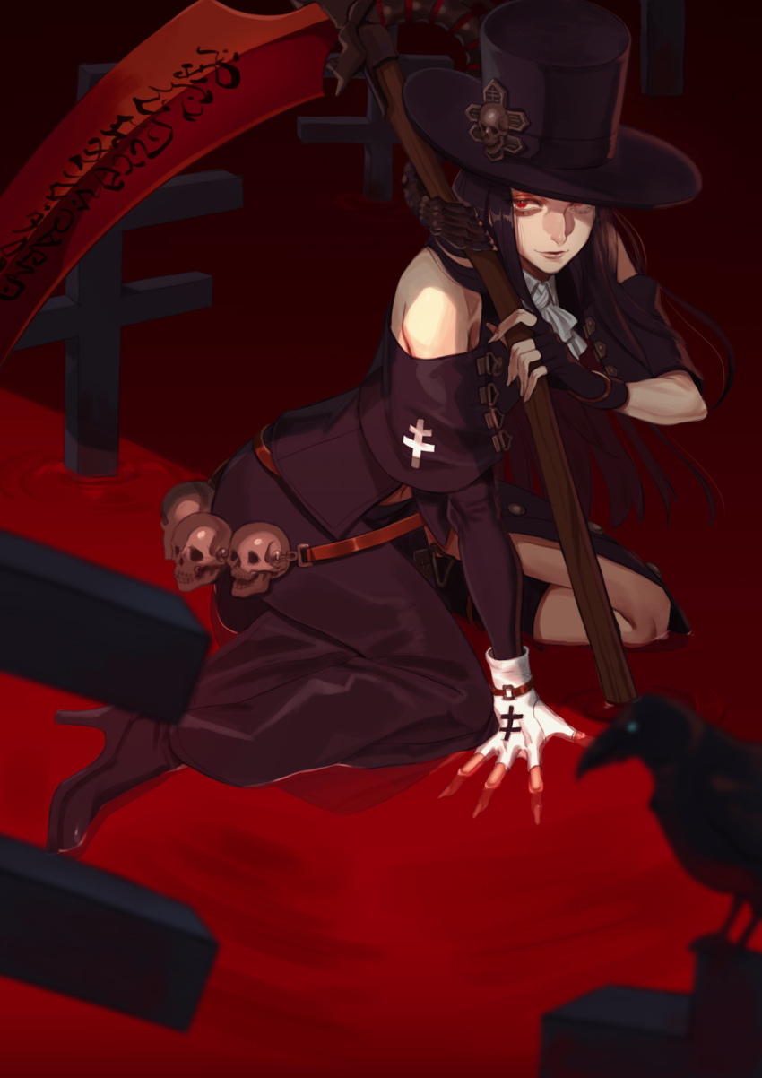 1other, ascot, asymmetrical_sleeves, black_hair, black_headwear, fingerless_gloves, gloves, guilty_gear