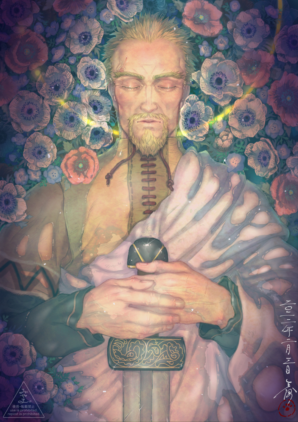 1boy, askeladd, blonde_hair, closed_eyes, death, facial_hair, flag, flower