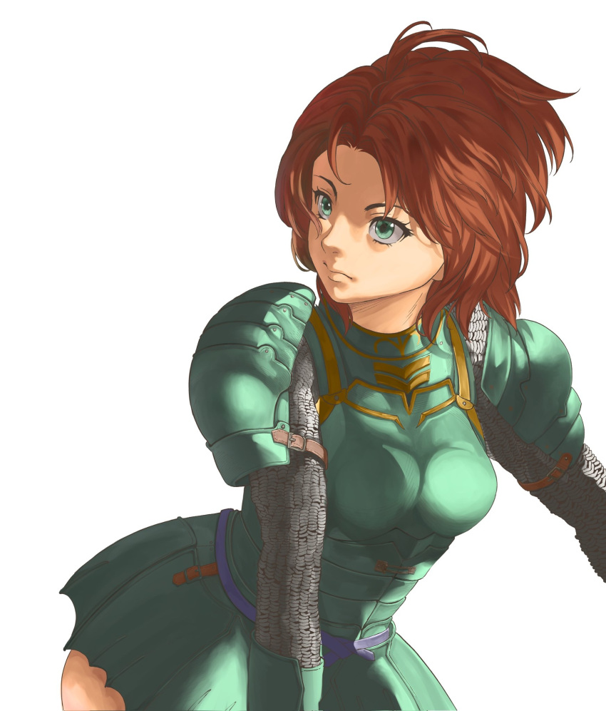 1girl, aelia, armor, breastplate, chainmail, green_armor, green_eyes, highres
