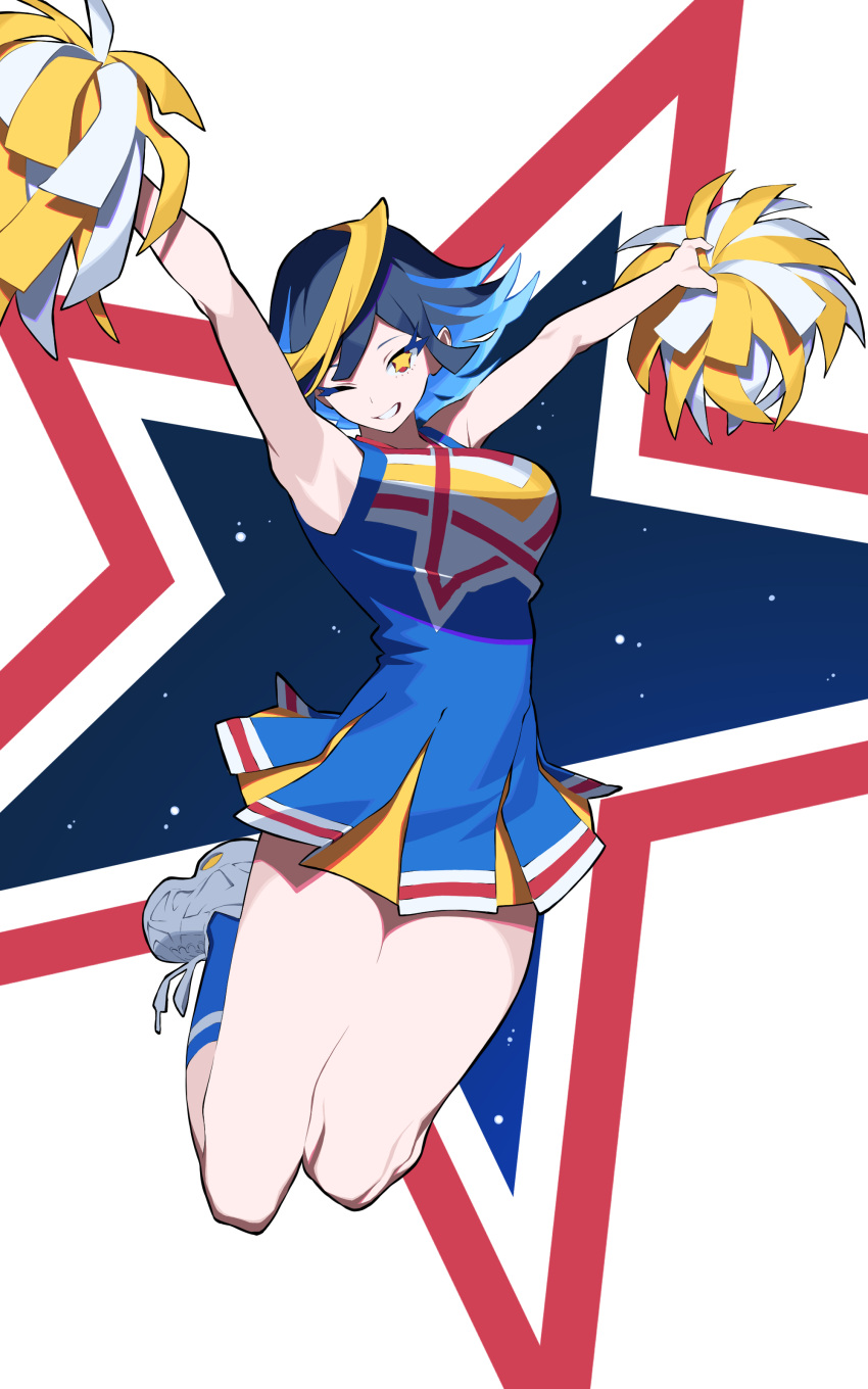1girl, absurdres, armpits, blue_hair, cheerleader, highres, jumping, kokonotsunbai, original, shoes, short_hair, skirt, smile, sneakers, socks, solo, star-shaped_pupils, star_(symbol), symbol-shaped_pupils